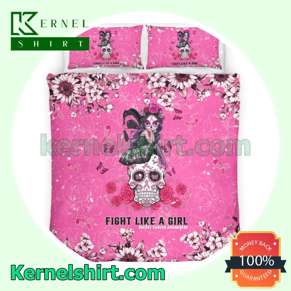 Sugar Skull Fight Like A Girl Breast Cancer Awareness Queen King Twin Duvet Cover Set