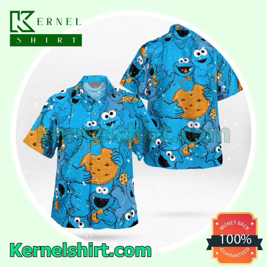 The Muppet Cookie Monster Button Aloha Beach Hawaiian Shirt