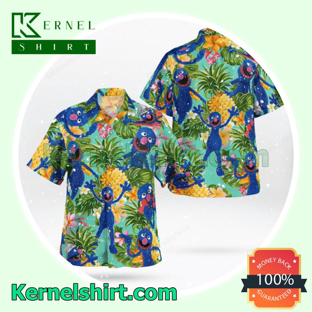 The Muppet Grover Pineapple Tropical Button Aloha Beach Hawaiian Shirt