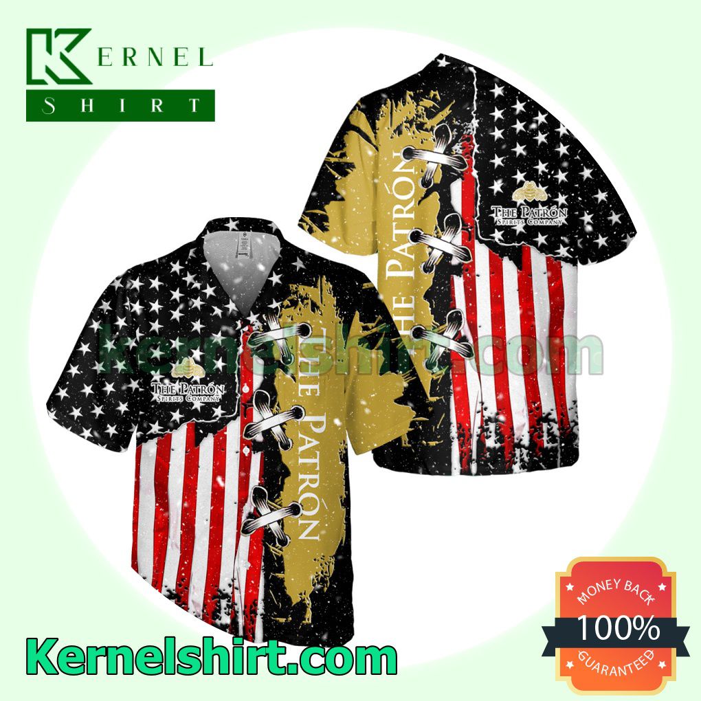 The Patron USA Flag Cross Stitch Black Yellow Aloha Beach Hawaiian Shirt