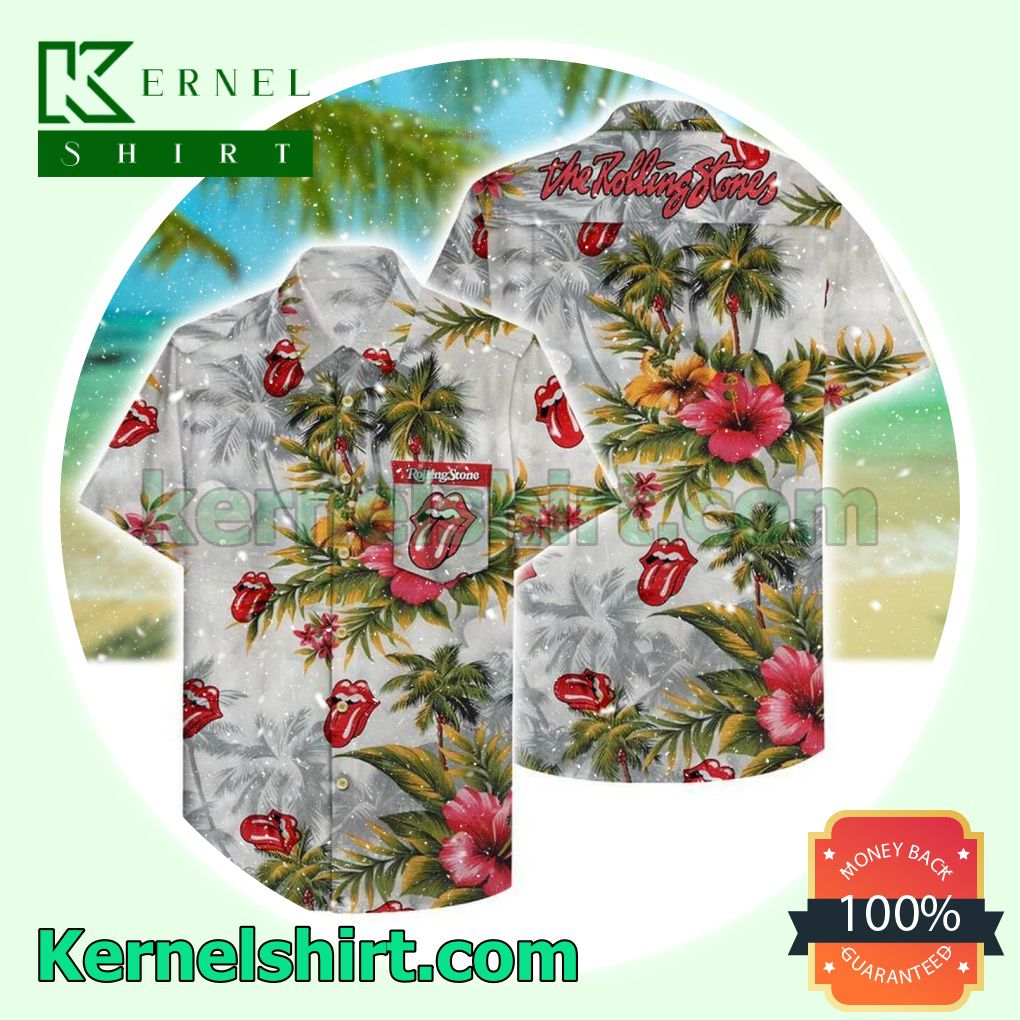 The Rolling Stones Hibiscus And Coconut Tree Grey Beach Shirt