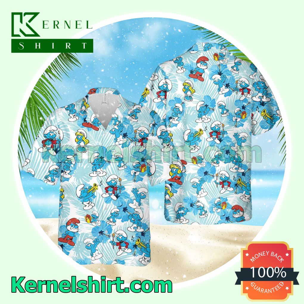 The Smurfs Hibicus Palm Leaves Blue Aloha Beach Hawaiian Shirt