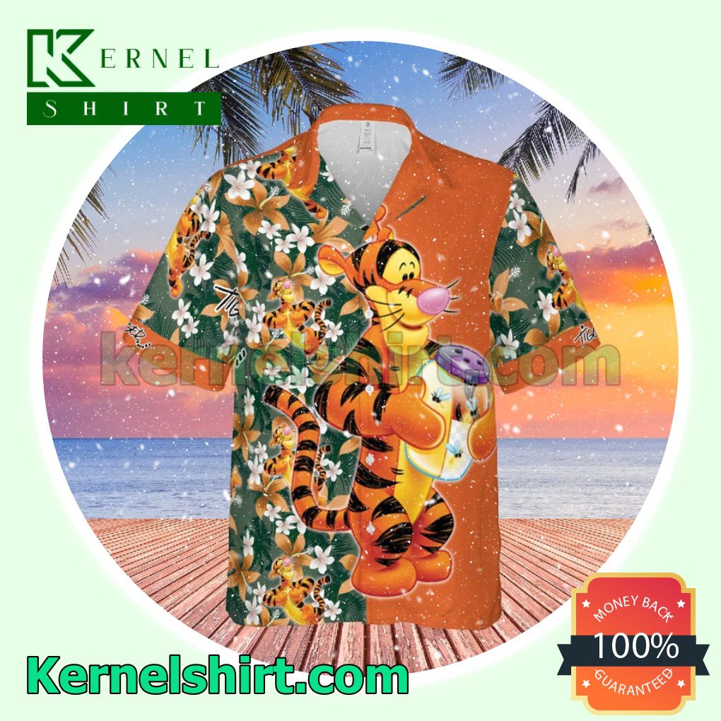 Tigger Winnie The Pooh Disney Cartoon Graphics Floral Pattern Orange Aloha Beach Hawaiian Shirt