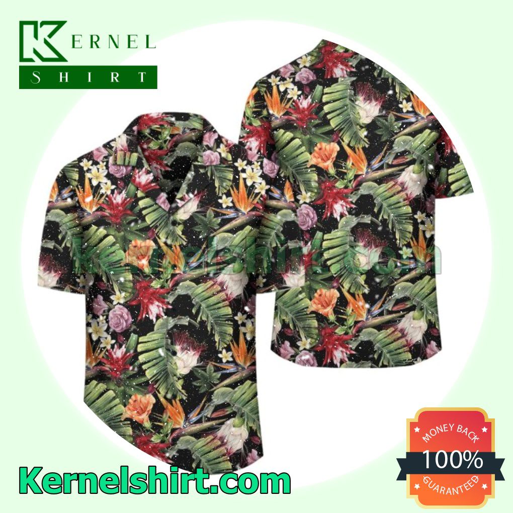 Tropical Flowers Watercolor Black Beach Shirts