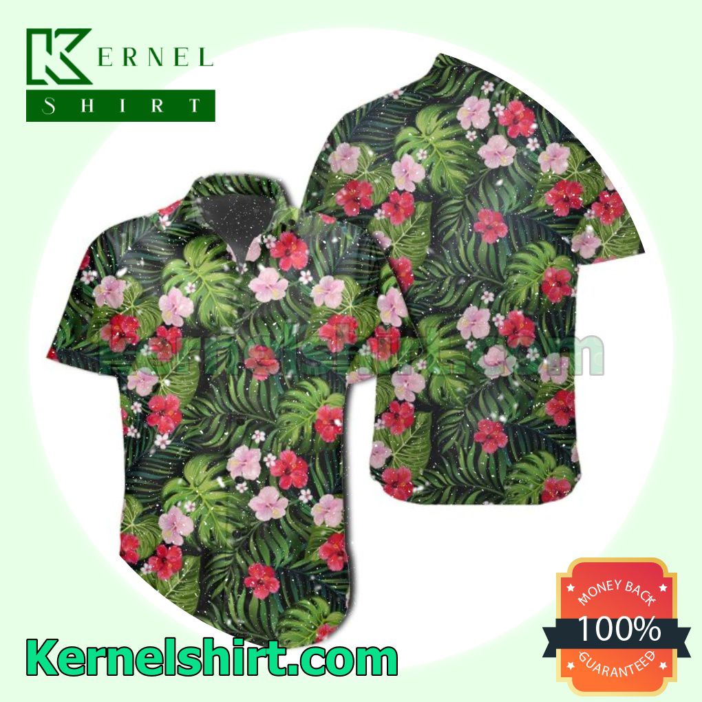 Tropical Hibiscus Green Palm Leaf Beach Shirts