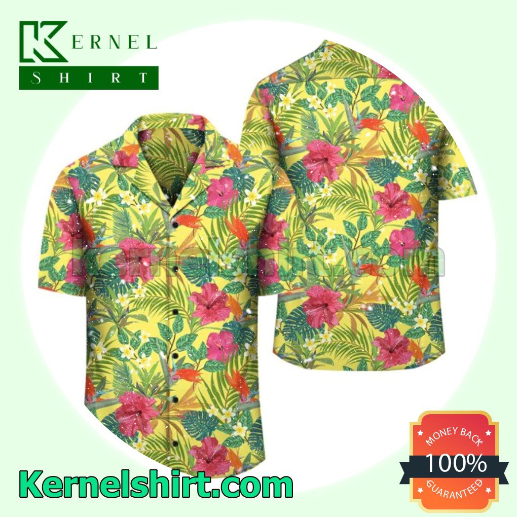 Tropical Leaves And Flowers Yellow Beach Shirts