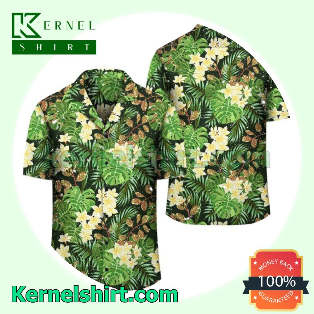 Tropical Leaves And Plumeria Green Beach Shirts