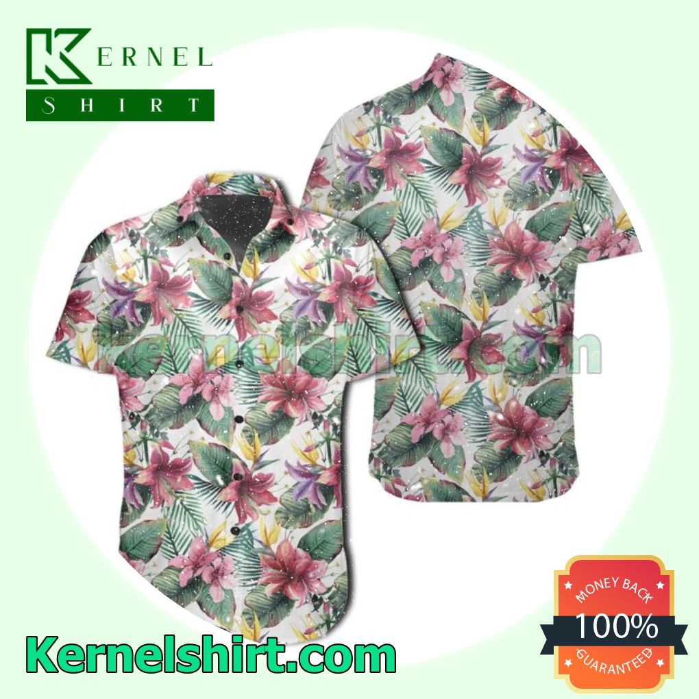 Tropical Lily And Strelitzia Flower Palm Leaf White Beach Shirts