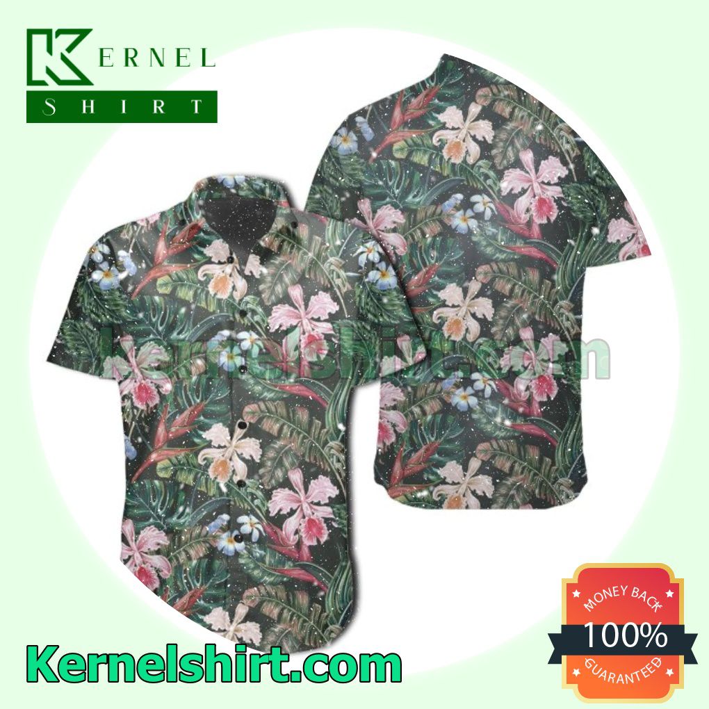 Tropical Monstera Leaf Orchids Strelitzia Black Beach Shirts