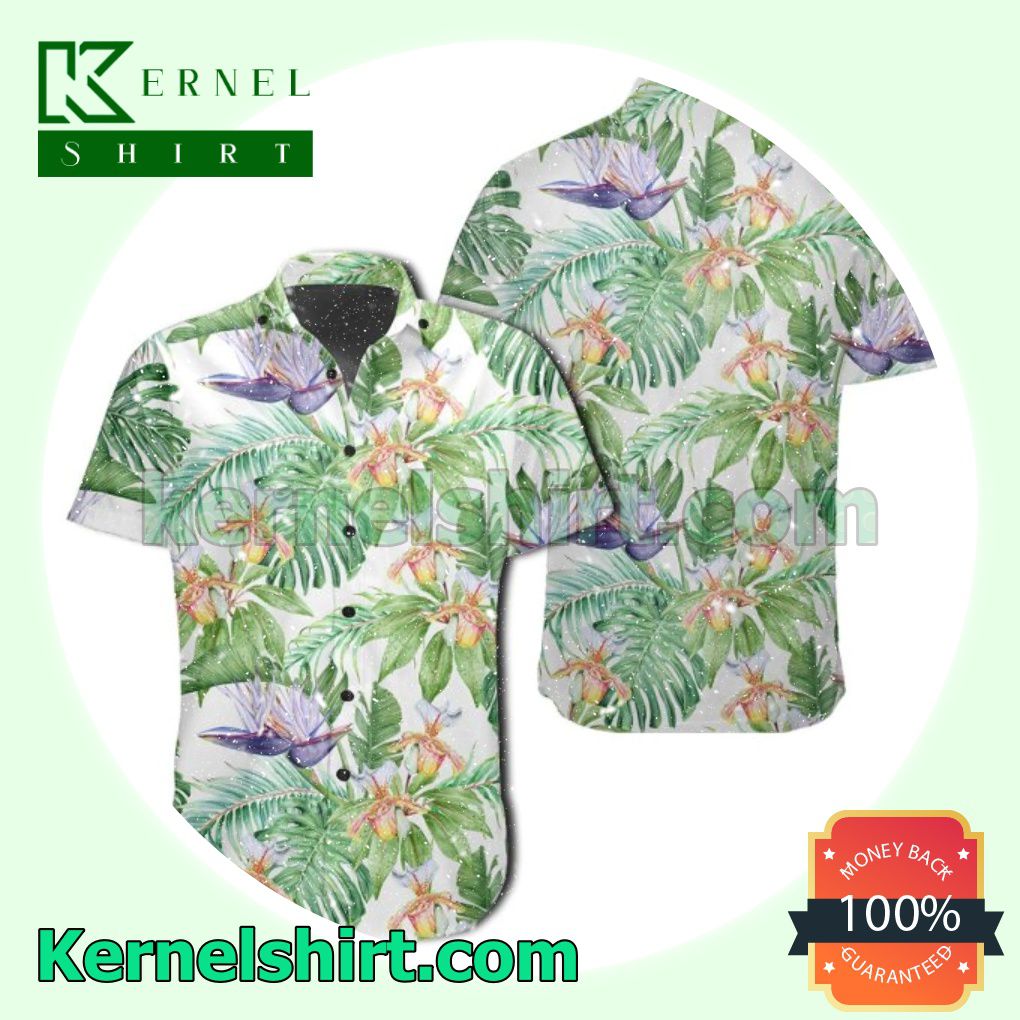 Tropical Orange Orchids Strelitzia Monstera Leaf Beach Shirts