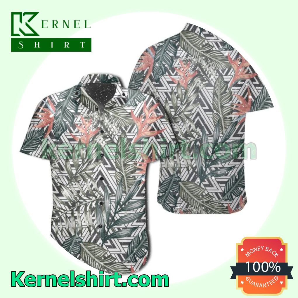 Tropical Palm Leaves And Flowers Black And White Triangle Beach Shirts