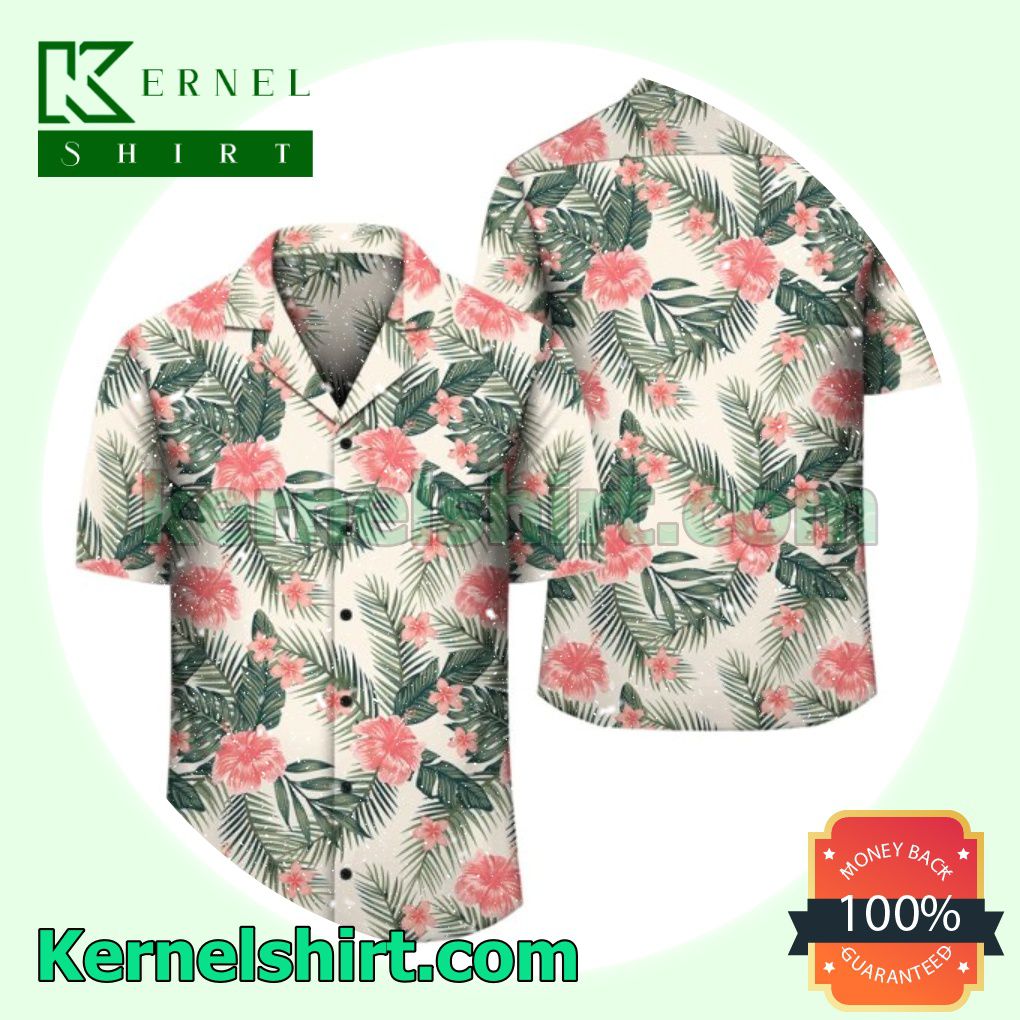 Tropical Pink Hibiscus Palm Leaf Beach Shirts