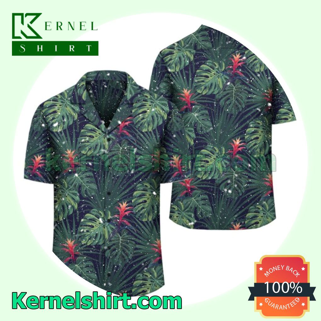 Tropical Red Bromeliad And Green Monstera Leaf Beach Shirt