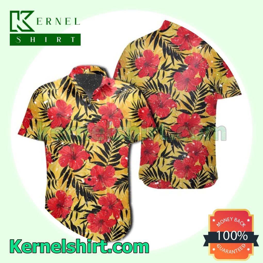 Tropical Red Hibiscus Flowers And Palm Leaves Yellow Beach Shirts