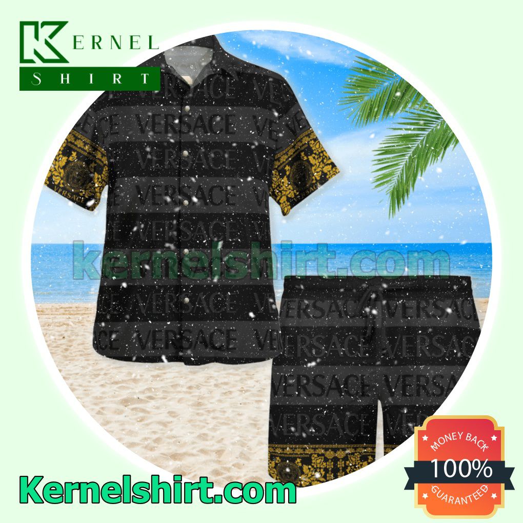 Versace Black And Grey Horizontal Stripes Luxury Summer Vacation Shirts, Beach Shorts