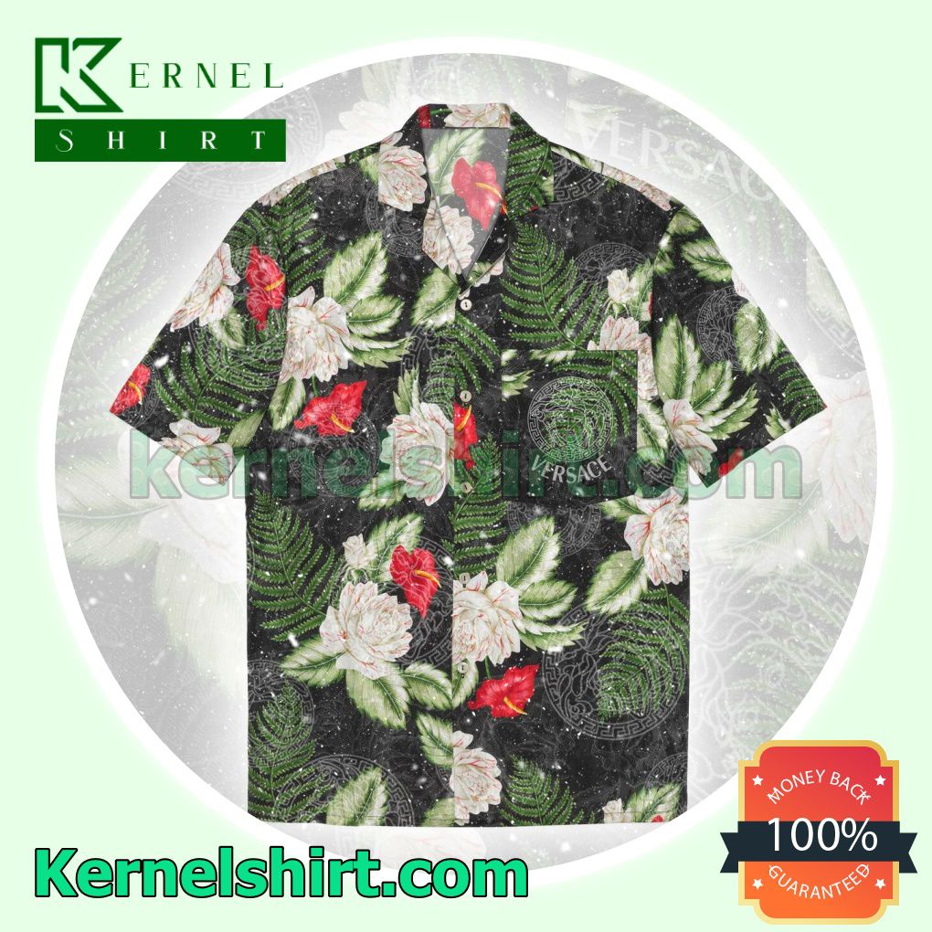 Versace Flower Pattern Green Leaf Print Beach Shirt