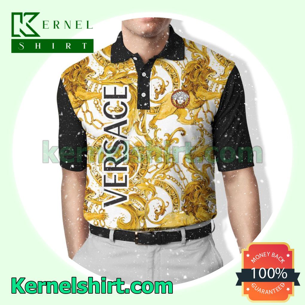 Versace Pattern Lion Mix Gold Black And White Golf Polo