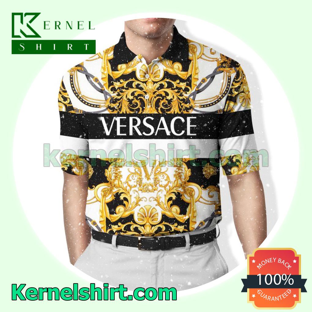 Versace Pattern Mix Gold Black And White Golf Polo