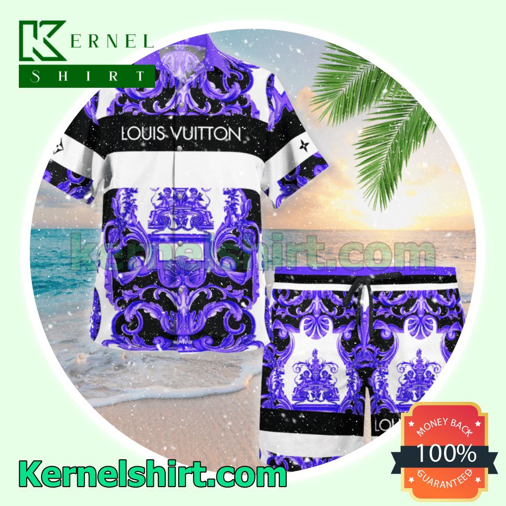 Versace Purple Multi Baroque Print Luxury Summer Vacation Shirts, Beach Shorts