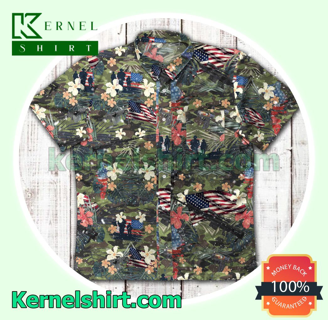 Veteran American Flag Floral Green Camo Beach Shirt