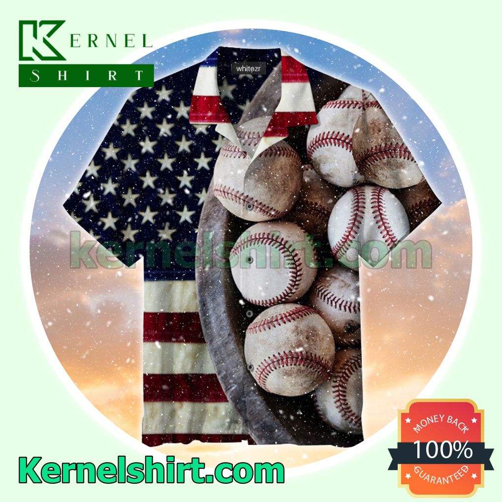 Vintage Baseball And American Flag Beach Shirt