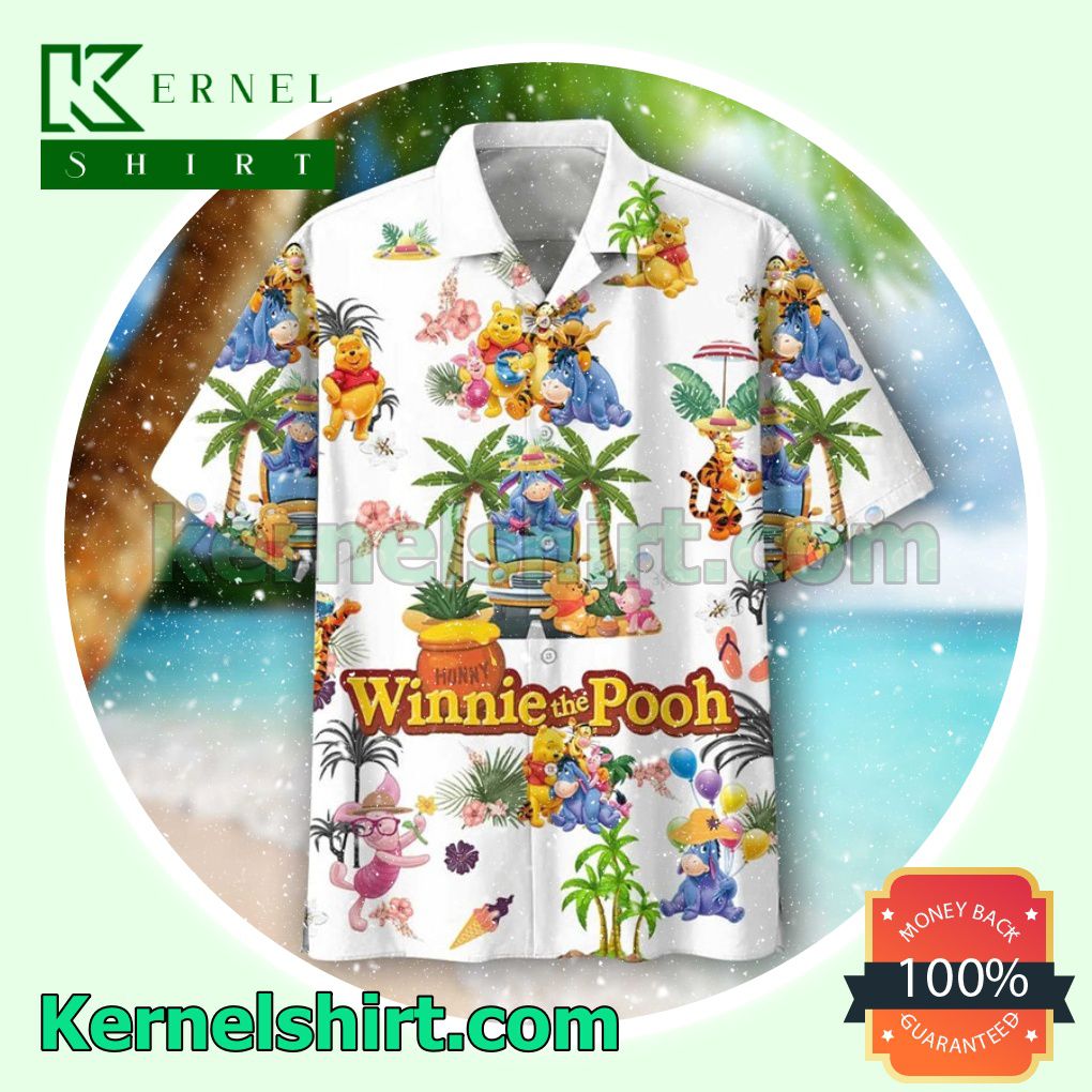 Winnie The Pooh Family Disney Cartoon Graphics Palm Tree White Aloha Beach Hawaiian Shirt