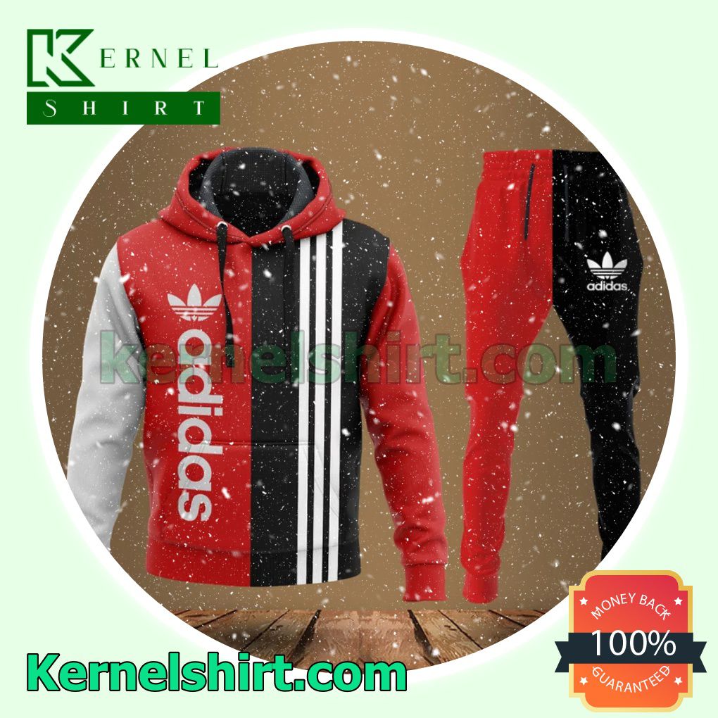 Adidas Black And Red With White Vertical Stripes Pullover Hoodie, Sweatpant
