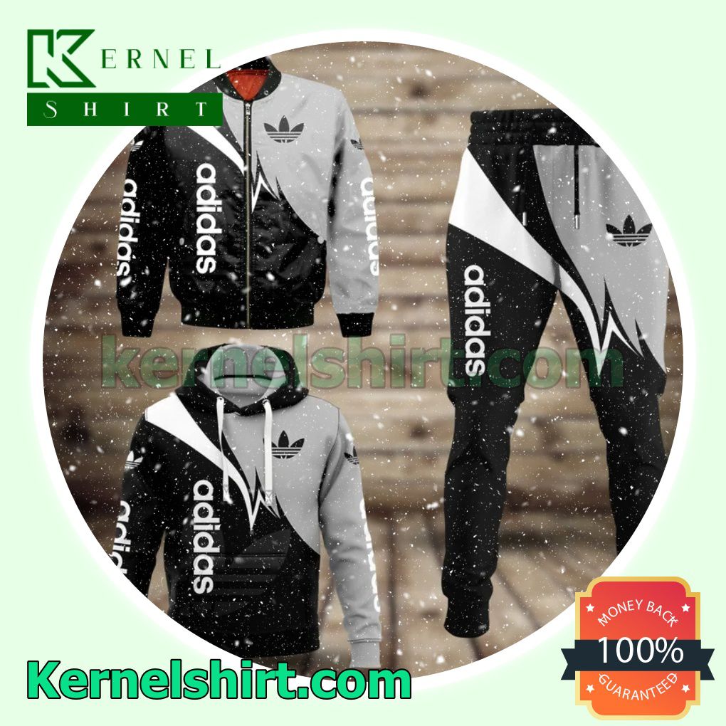 Adidas Logo Mix Color Black Grey And White Pullover Hoodie, Sweatpant a