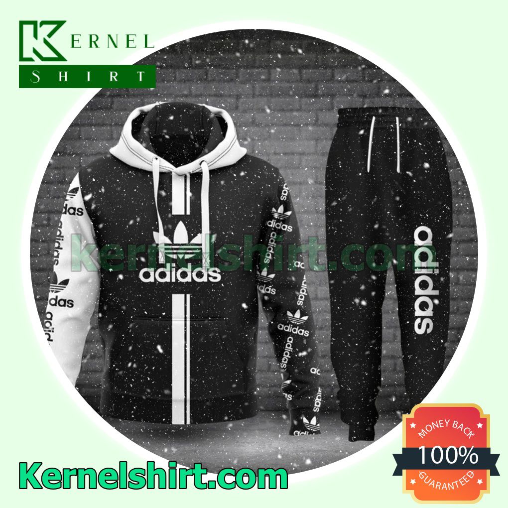 Adidas Luxury Brand Name And Logo Black Mix White Pullover Hoodie, Sweatpant