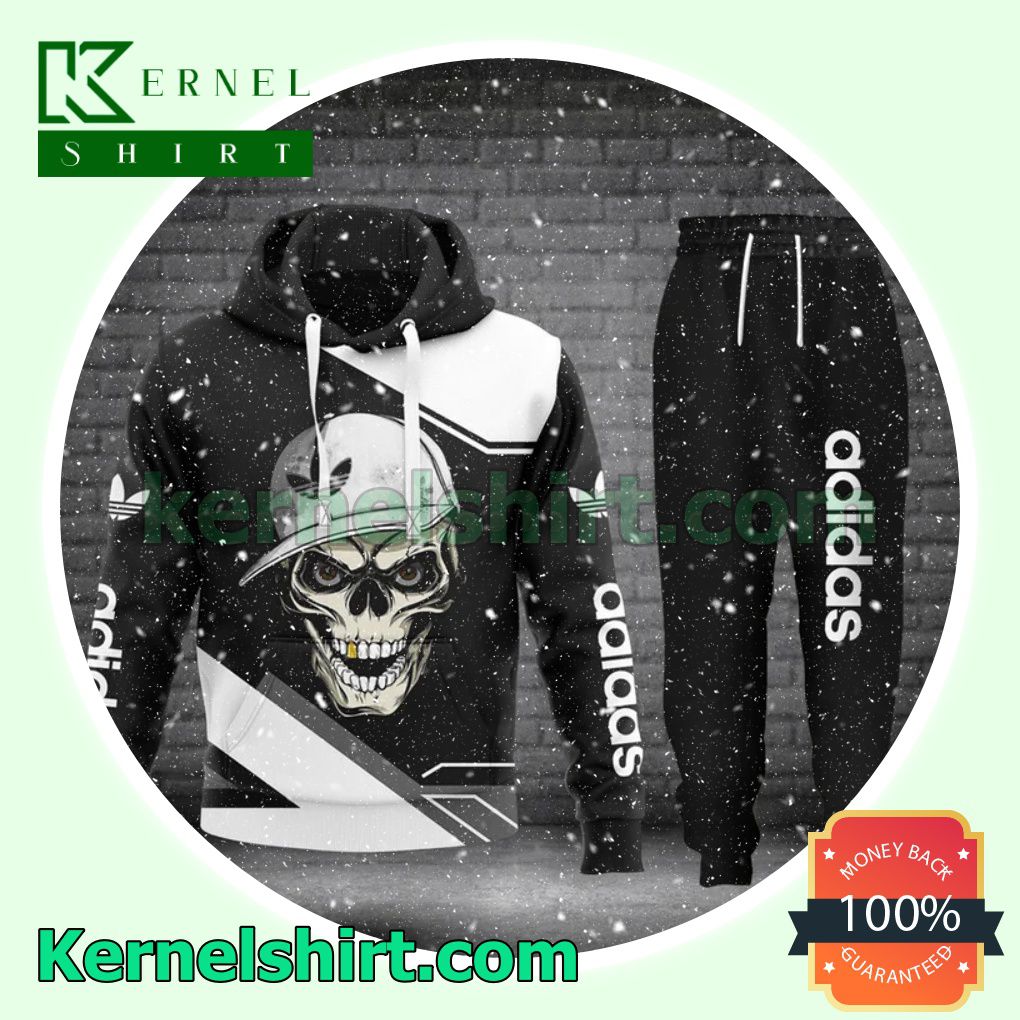 Adidas Skull Wearing Hat Black And White Pullover Hoodie, Sweatpant