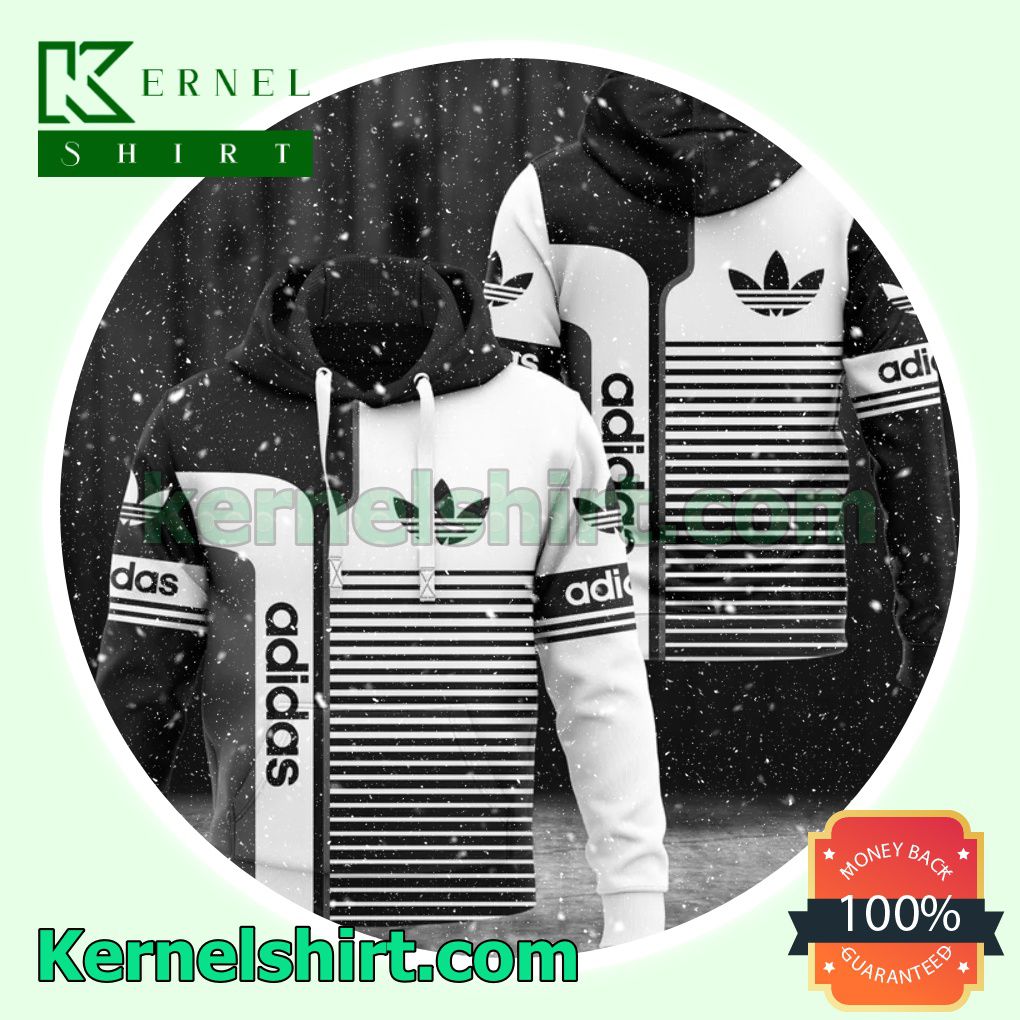 Adidas Stripes Mix White And Black Pullover Hoodie, Sweatpant a
