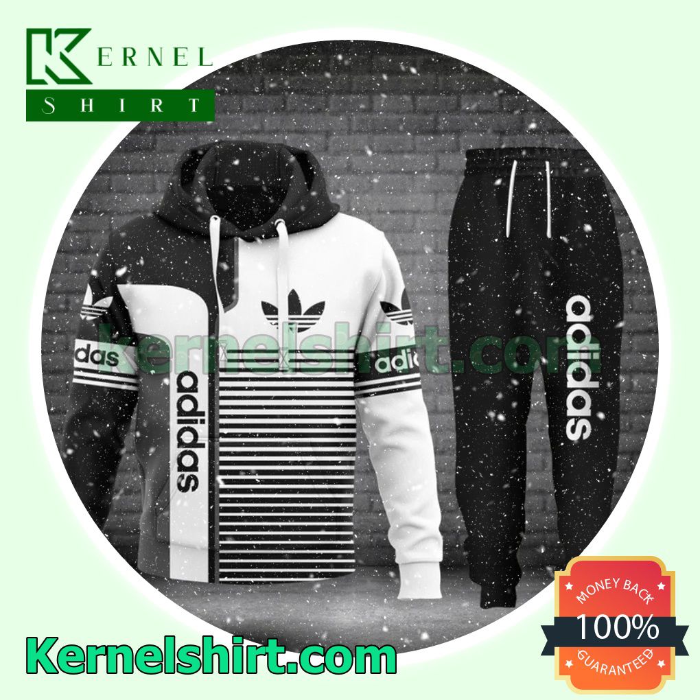 Adidas Stripes Mix White And Black Pullover Hoodie, Sweatpant