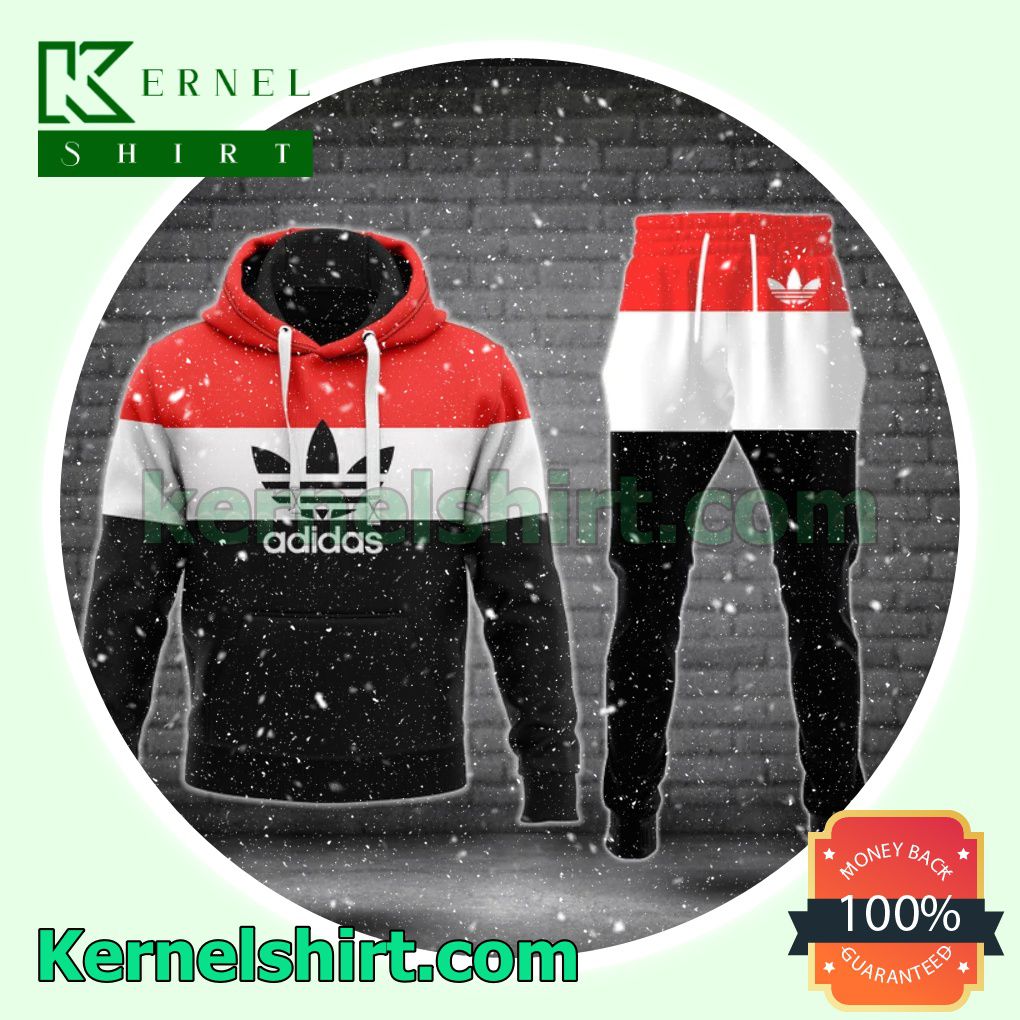 Adidas Three Color Lines Red White Black Pullover Hoodie, Sweatpant