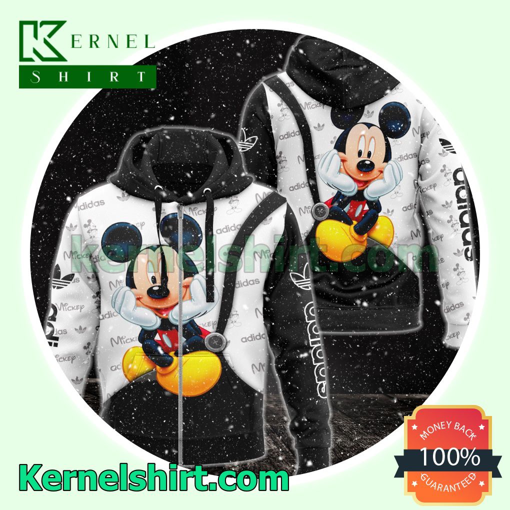 Adidas With Mickey Mouse Black And White Heavyweight Pullover Hoodie Sweatshirt