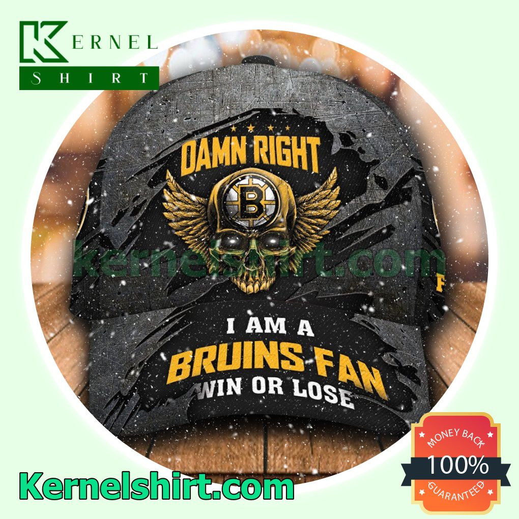 Boston Bruins Skull Damn Right I Am A Fan Win Or Lose NHL Hockey Basketball Baseball Caps