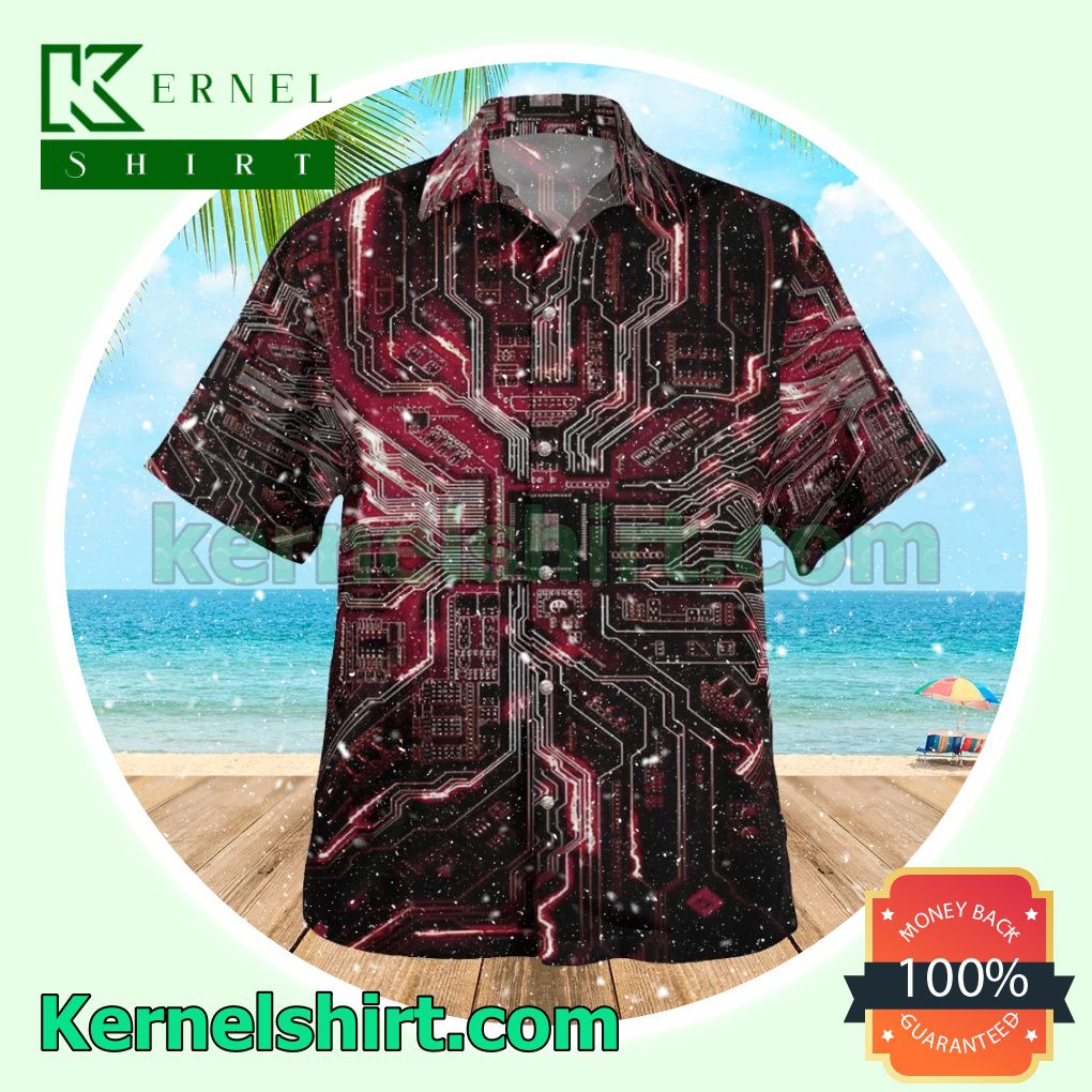 Computer Cpu Electronic Chip 3d Red Casual Button Down Shirts