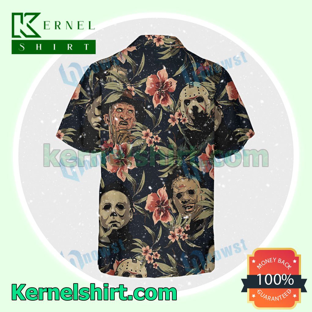 Order Freddy Krueger, Michael Myers And Jason Vahoones Tropical Flower Halloween Costume Shirt