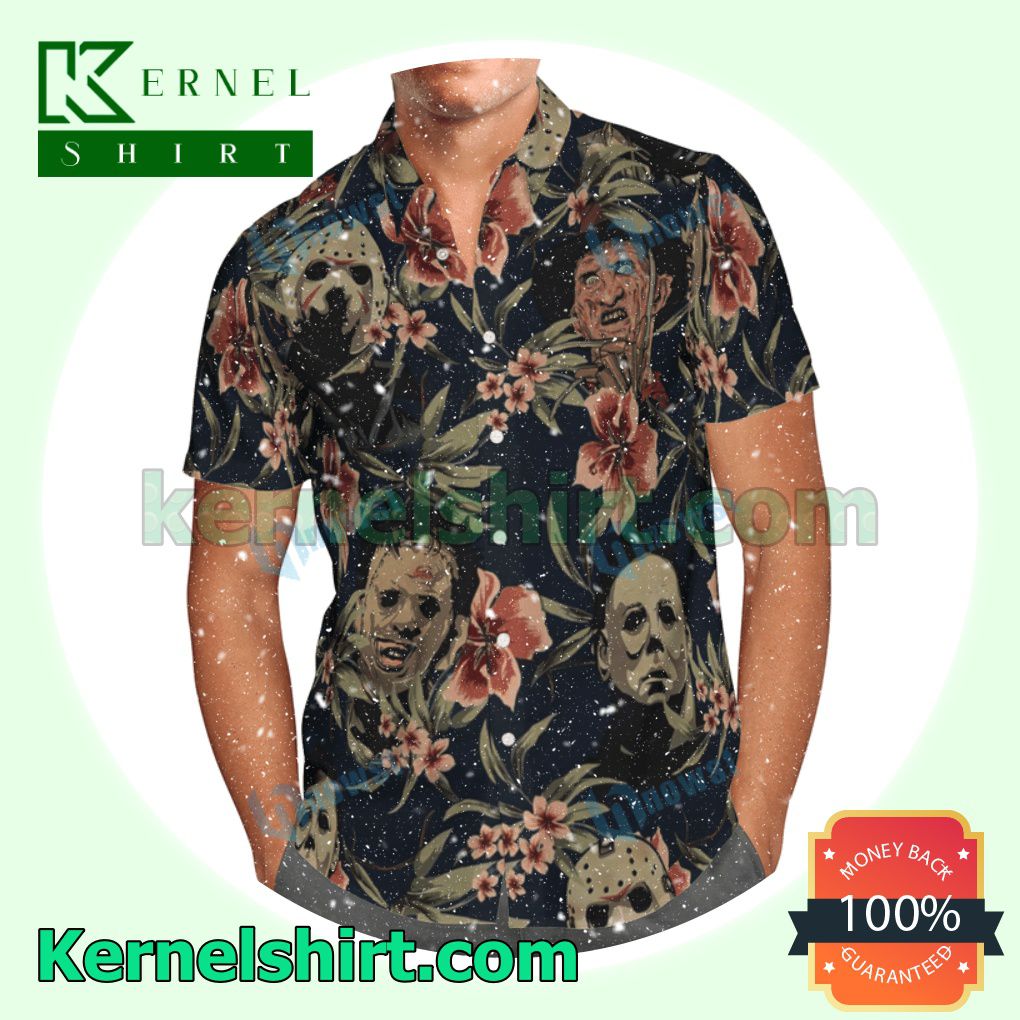 The cheapest Freddy Krueger, Michael Myers And Jason Vahoones Tropical Flower Halloween Costume Shirt