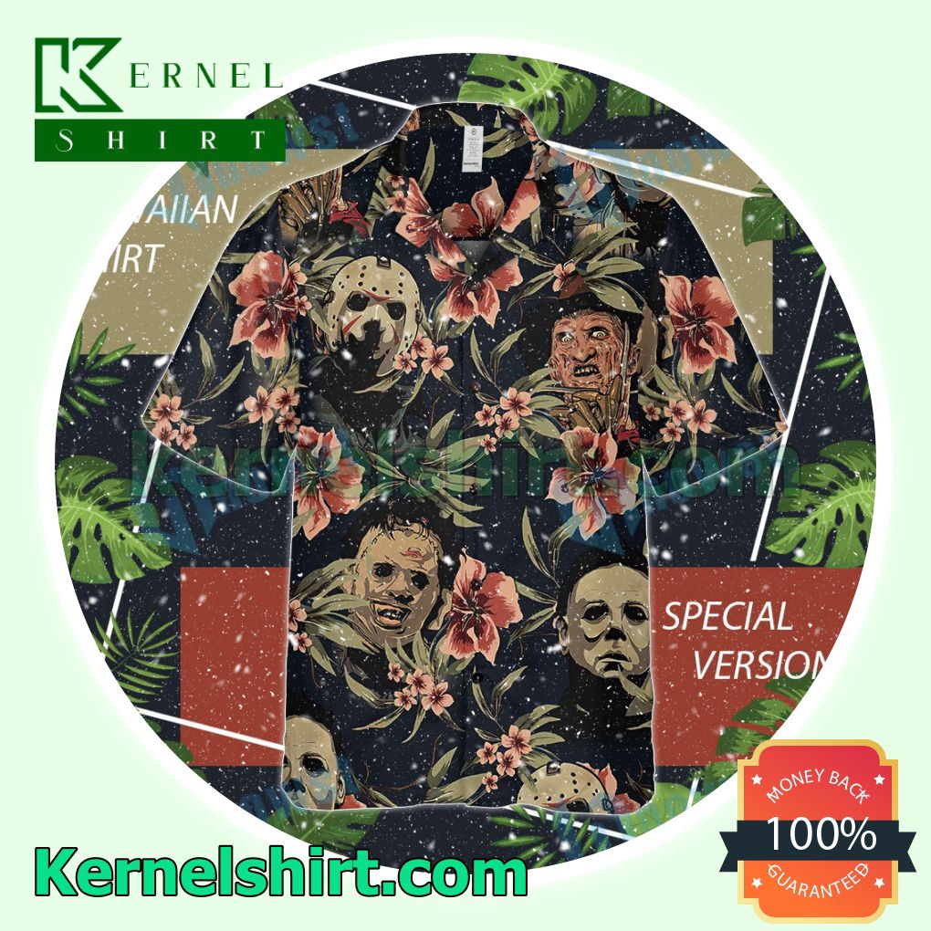 Present Freddy Krueger, Michael Myers And Jason Vahoones Tropical Flower Halloween Costume Shirt