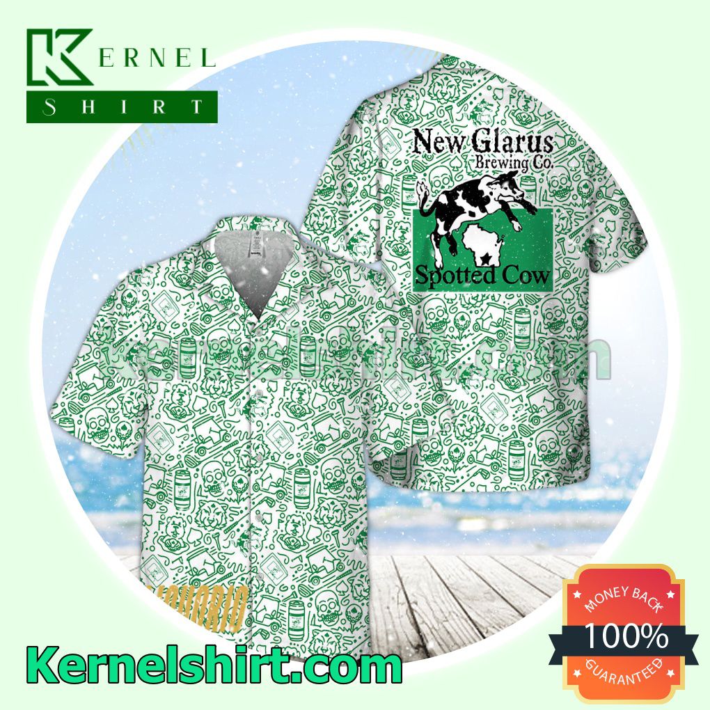 Green New Glarus Spotted Cow Doodle Art Mens Casual Shirt