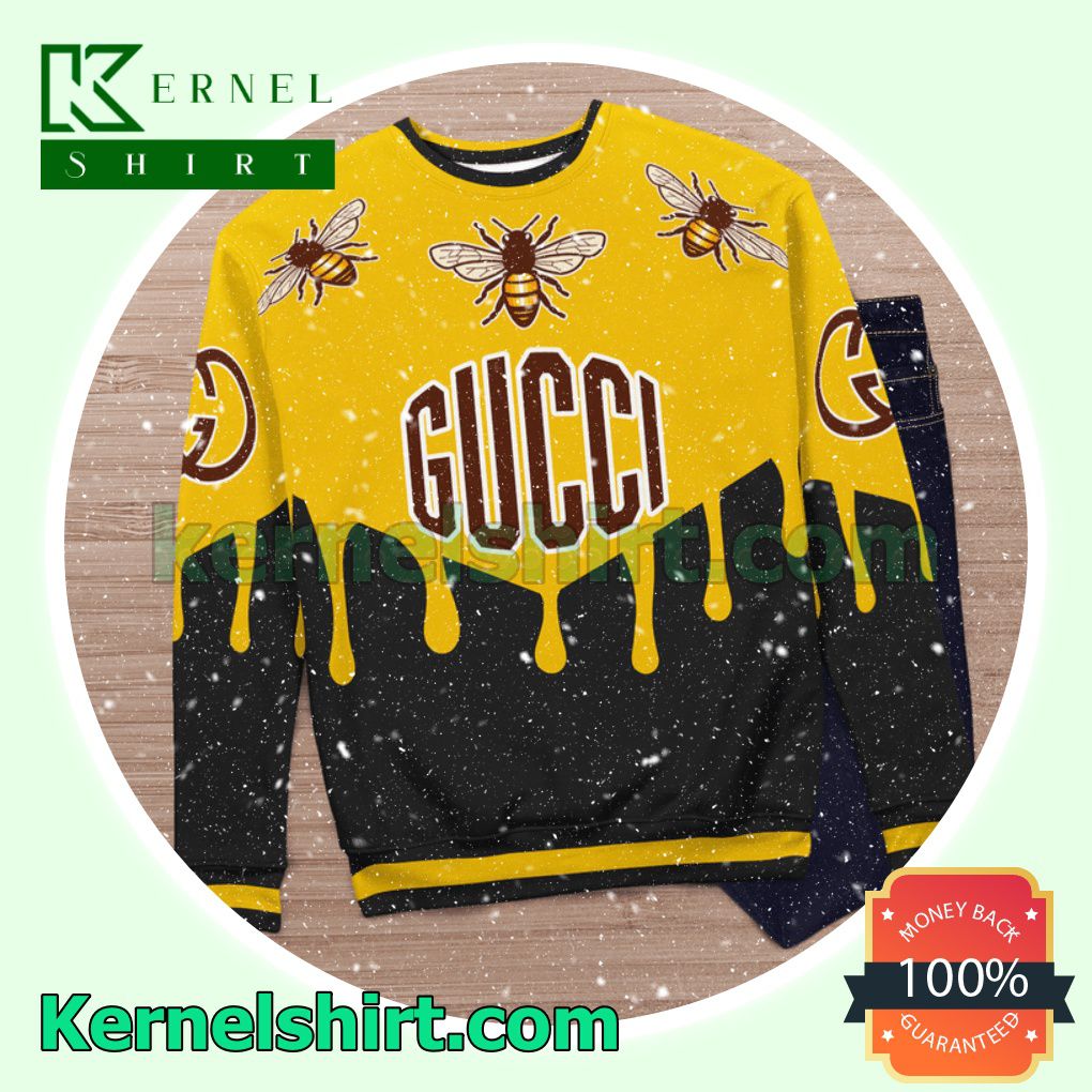 Gucci Bee Black And Yellow Knitted Ugly Sweater Christmas b