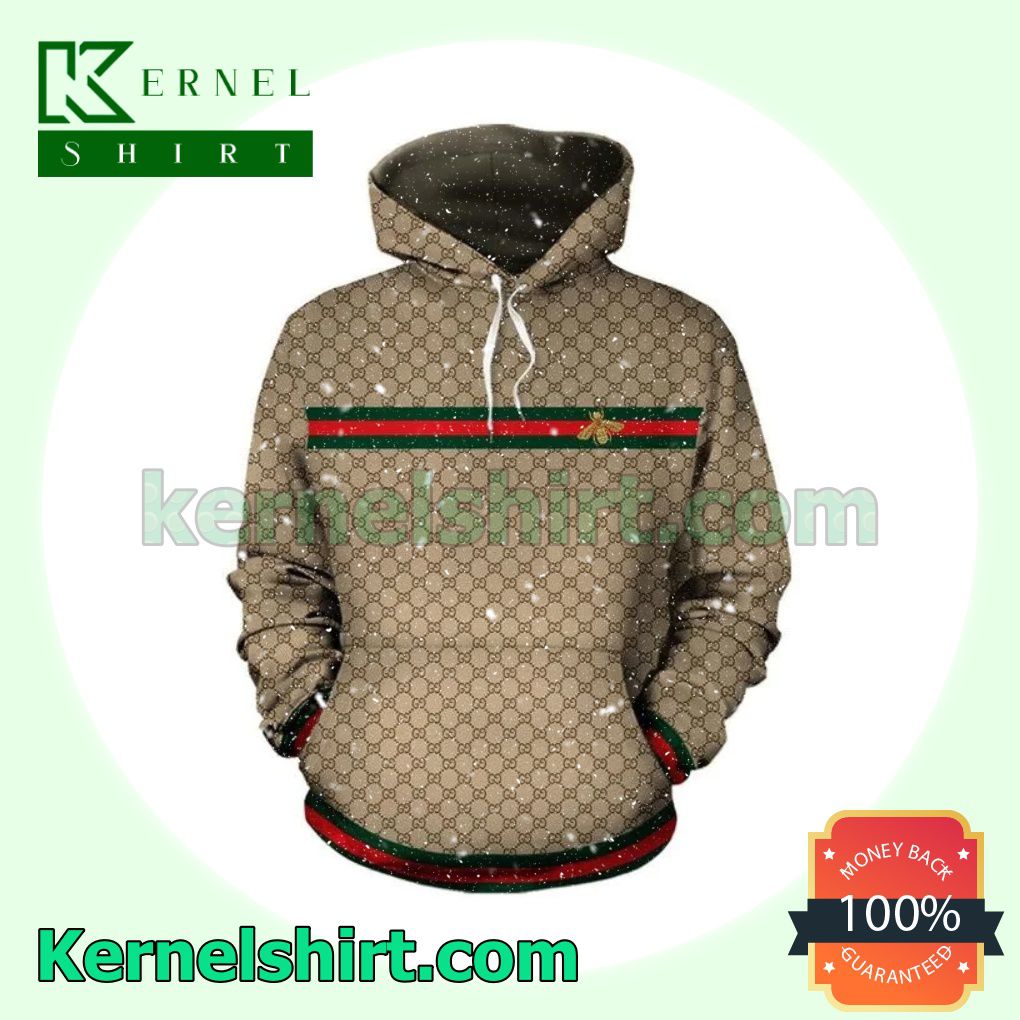 Gucci Bee On Green And Red Stripes Brown Monogram Mens Hoodie