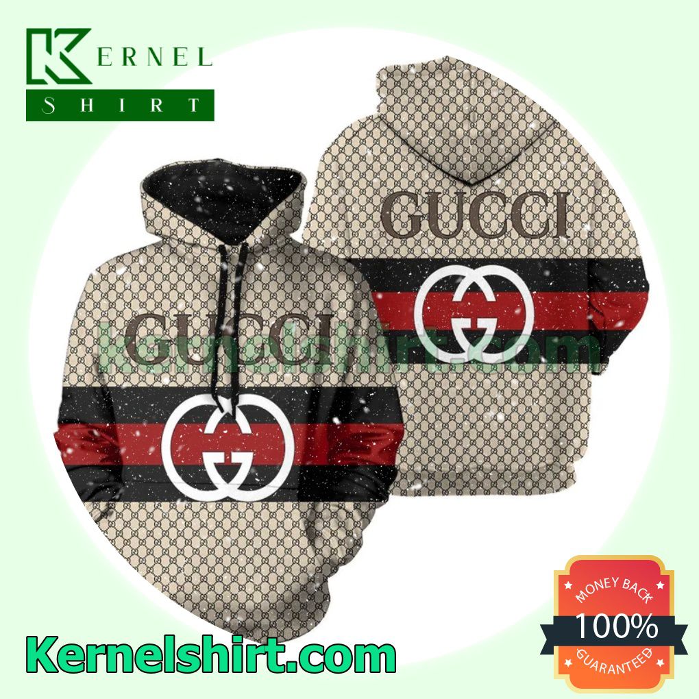 Gucci Beige Monogram With Black And Red Stripes Center Mens Hoodie