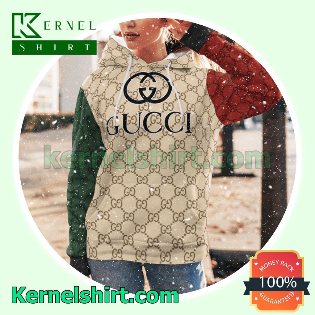 Gucci Beige Monogram With Green And Red Sleeves Mens Hoodie a