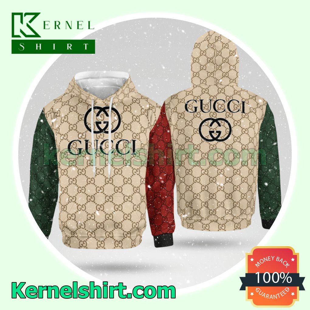 Gucci Beige Monogram With Green And Red Sleeves Mens Hoodie