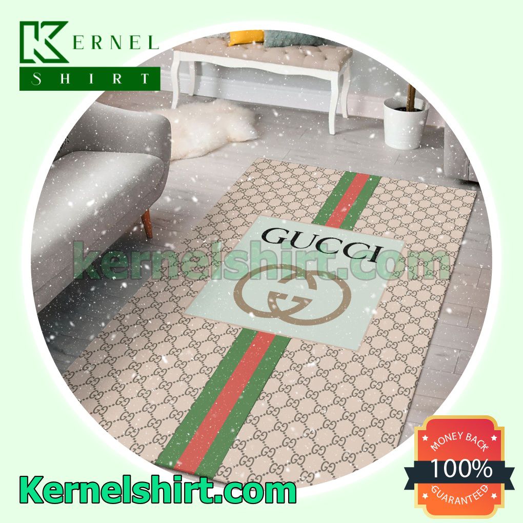 Gucci Beige Monogram With Logo In Green Square And Color Stripes Living Room Rug