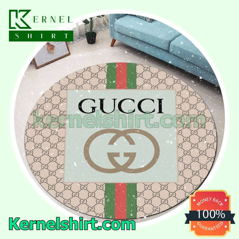 Gucci Beige Monogram With Logo In Green Square And Color Stripes Round Living Room Rug