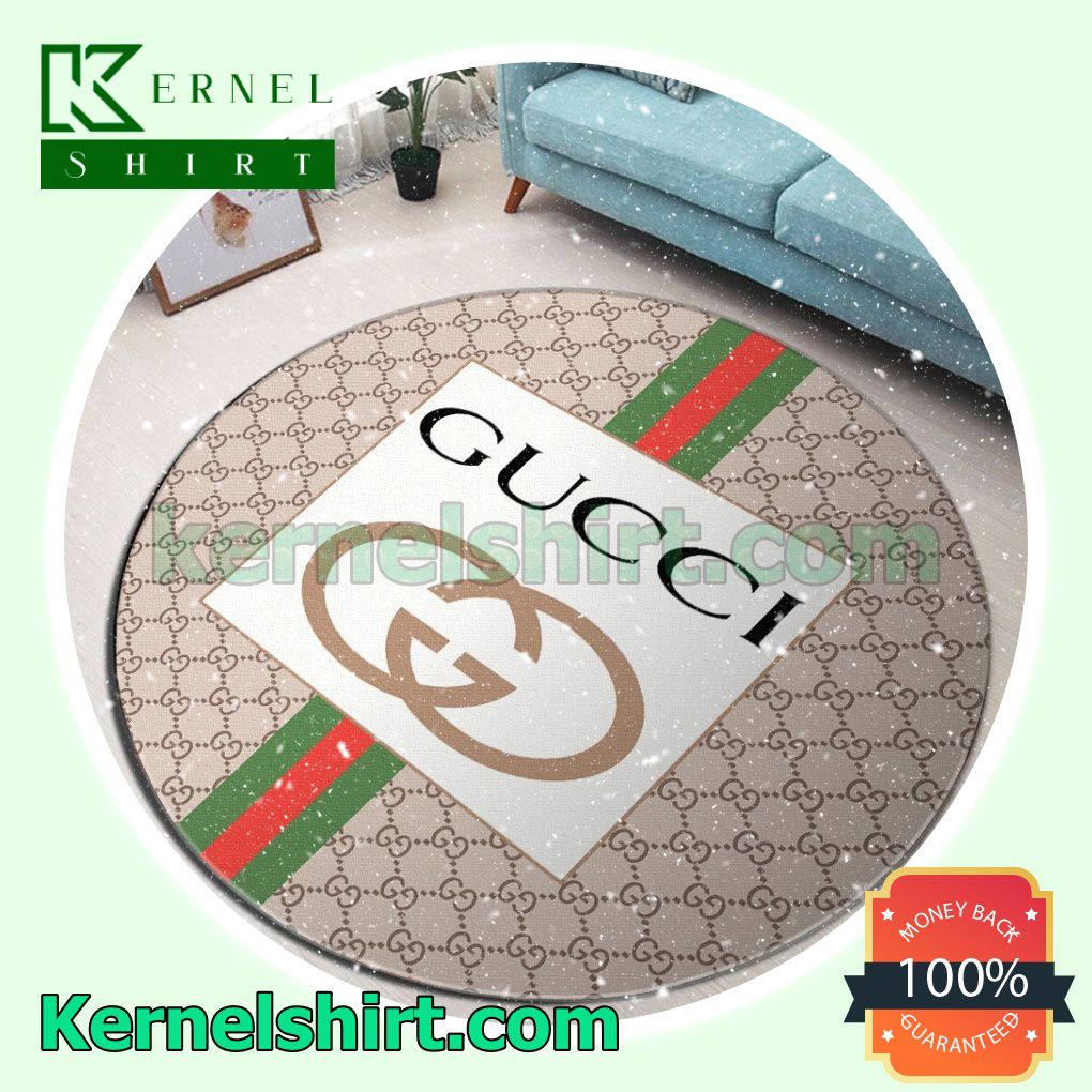 Gucci Beige Monogram With Logo In White Square And Color Stripes Round Living Room Rug