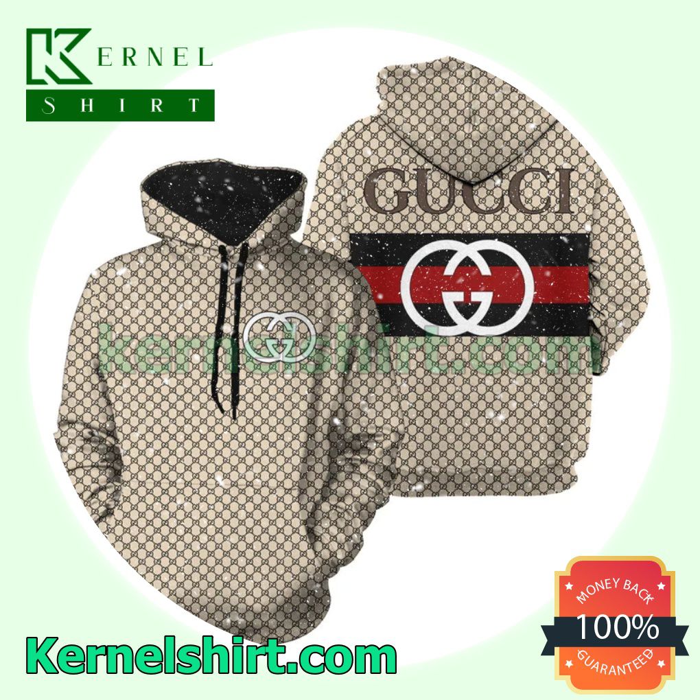 Gucci Beige Monogram With Logo On Black And Red Stripes Back Mens Hoodie