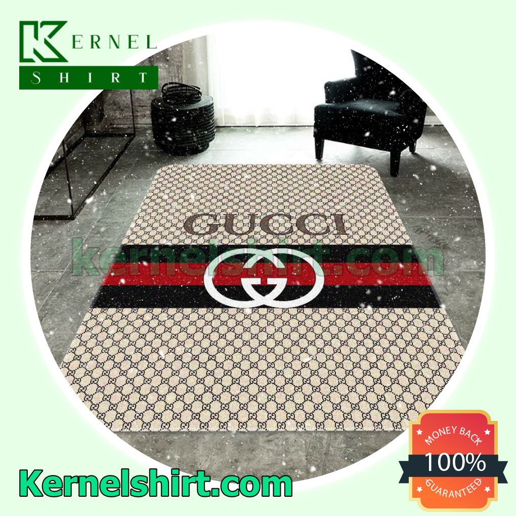 Gucci Beige Monogram With Logo On Black And Red Stripes Living Room Rug